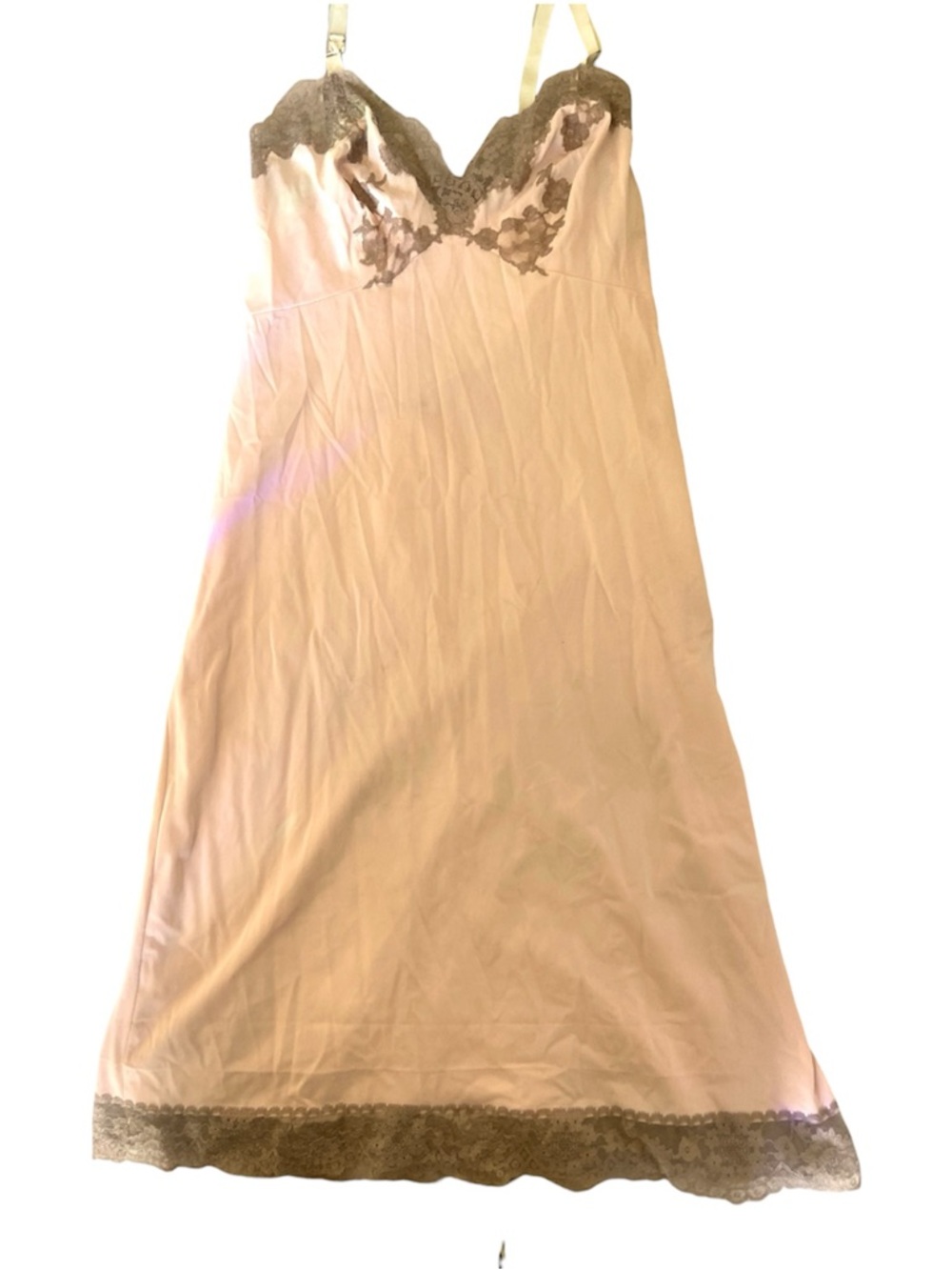 Vintage Pink Brown Lace-Trim Slip Nightgown Dress